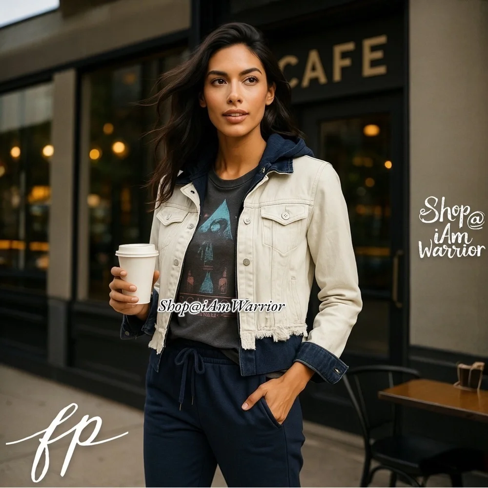 Free People Distressed Cropped Denim Jacket w/ Hooded Layer *shop@iamwarrior - Picture 2 of 9